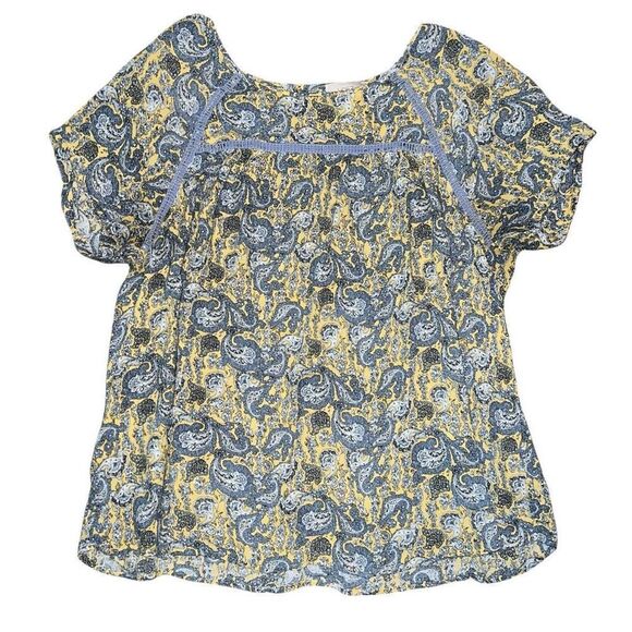 LOFT Blue & Yellow Paisley Short Sleeve Blouse Size L - Picture 1 of 6